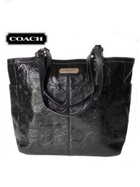 Coach Gallery Black Signature Embossed Patent Leather North/South  Tote F19818